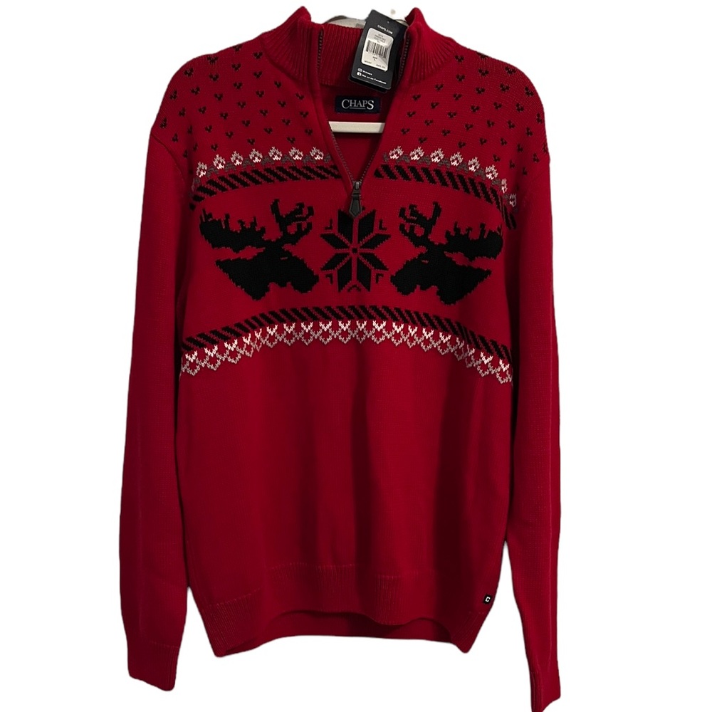 Chaps Ralph Lauren Red Moose Pullover Quarter Zip Sweater L NWT